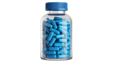 Blue capsules in a clear bottle medicine isolated on a transparent background