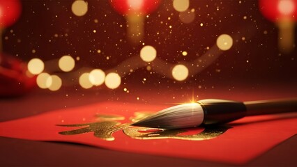 Calligraphy Brush Gold Ink and Red Paper Celebrating Asian Heritage
