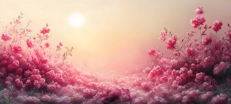 A breathtaking sunrise casts a warm glow over a field of vibrant pink flowers, creating a serene and peaceful atmosphere in nature.