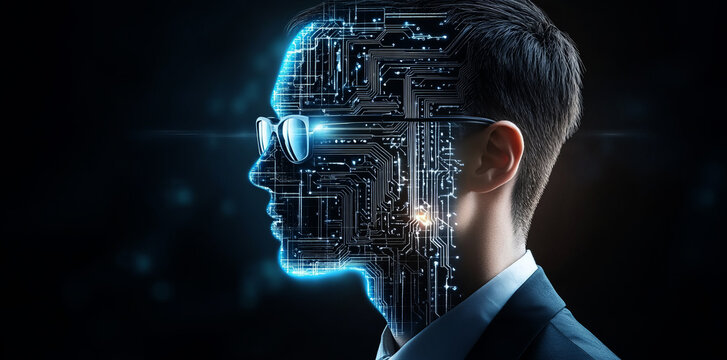 businessman and a digital circuit board, an artificial brain for machine learning or big data technology on a dark background