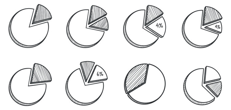 A collection of eight pie charts in sketch style, featuring different segment sizes and percentages, ideal for presentations and data visualization