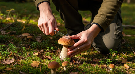 Mushroom picking in sunny forest with white bolete, skilled hands are carefully slicing mushrooms. Mushroom picking, process of discovering and harvesting edible fungi in their prime,