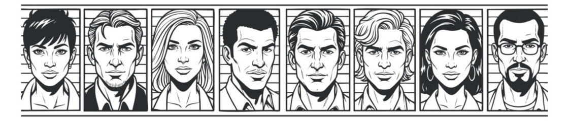 A collection of stylized character portraits in black and white lineart vector style, ideal for comics or character design projects