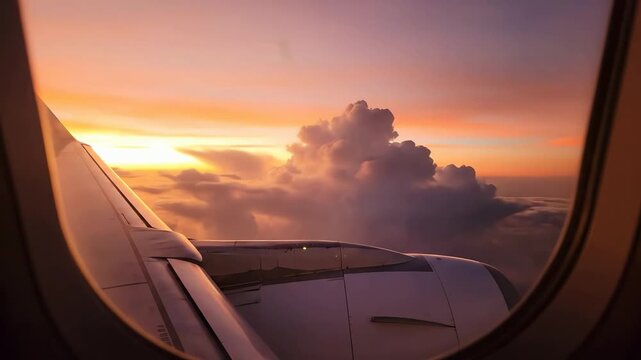 Breathtaking sunset view from airplane window over fluffy clouds with wing and engine visible