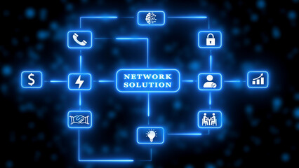 Network solution diagram with glowing blue icons for AI finance communication security and teamwork