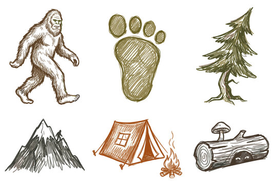 Vintage Sasquatch vector sketch set featuring walking Bigfoot footprint pine tree mountain peak and camping tent in hand drawn style for outdoor badge design