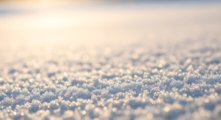 Glistening warm sunlight on delicate thawing snow crystals, creating a serene winter to spring transition nature concept with sparkling bokeh effect