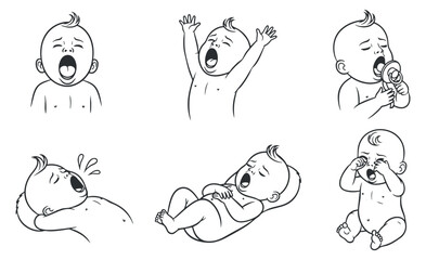 Obraz premium A collection of six cute baby illustrations depicting various emotions like yawning, crying, and playing in black and white outline vector style, perfect for parenting resources and baby products