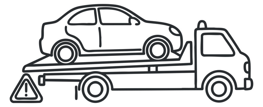 A tow truck carrying a car in black and white outline vector style, suitable for automotive service and roadside assistance themes