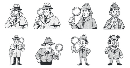 Naklejka premium A collection of cartoon detective characters with magnifying glasses in black and white outline style, suitable for mystery-themed projects