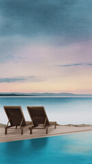 Obraz premium Calm ocean horizon, infinity pool, bamboo lounge chair, sunset sky, tranquil mood