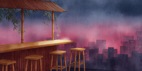 Rooftop cafe, bamboo bar, night city, watercolor sky, neon glow, moody vibe