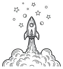 A rocket launching into space surrounded by stars and clouds in a black and white outline vector style, ideal for educational and creative projects