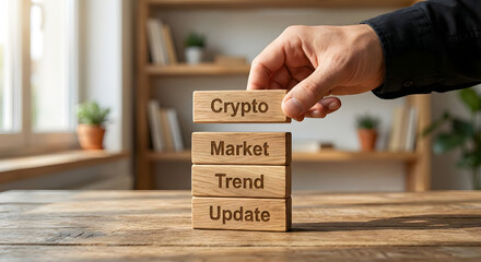 Business Concept Image Showing Wooden Blocks with Crypto Market Trend Update