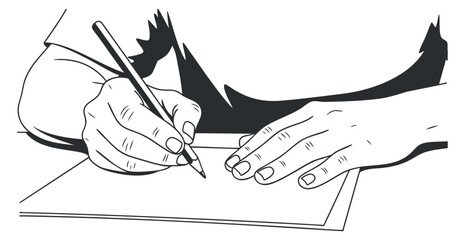 A hand holding a pencil and sketching on a piece of paper in black and white minimalist vector style, ideal for art and design projects