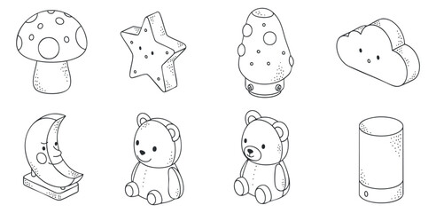 Fototapeta premium A set of cute toy illustrations including a mushroom, star, bear, moon, and cloud in black and white outline vector style, perfect for children's products and playful designs