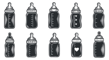 A set of baby feeding bottles with hearts and measurement markings in black and white outline vector style, ideal for parenting and childcare designs