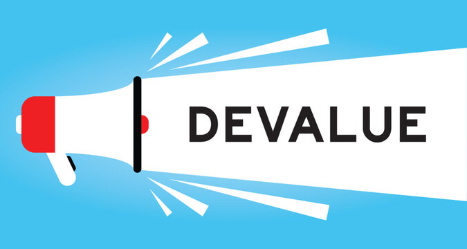 Color megaphone icon with word devalue in white banner on blue background