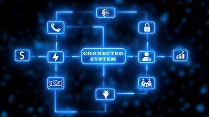Connected System Network Diagram with Icons and Glowing Blue Lines flowchart