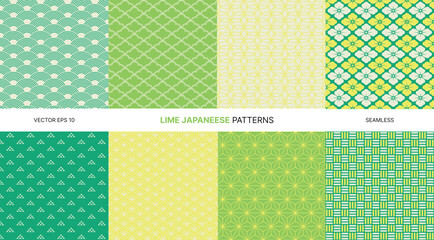 Seamless vector patterns with lime green Japanese geometric motifs, wave designs, floral elements, minimal backgrounds, Asian inspired decorative textile prints, elegant abstract traditional art set © ☆ simple vectors ☆