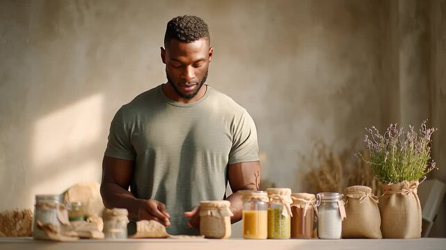 Man preparing healthy ingredients in rustic kitchen setting with natural lighting