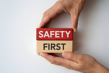 "Safety First" Visual Concept on Wooden Blocks for Business or Media. Minimalist Wooden Blocks Composition.