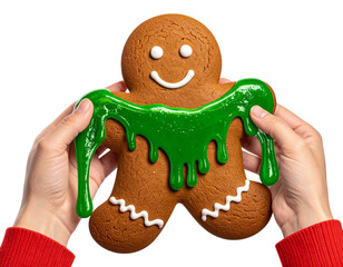 Gingerbread Man Holding Green Slime with Mischievous Smile, Festive Horror Concept, Isolated on Transparent Background