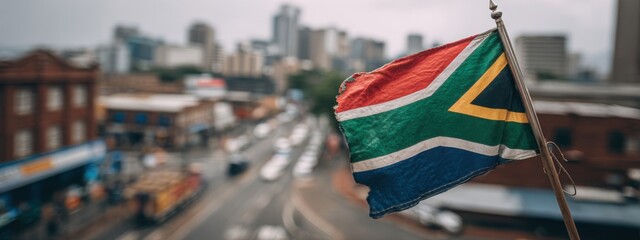 Obraz premium South African flag waves above city streets of Johannesburg on a cloudy day with buildings in the background