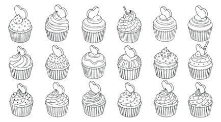A collection of various cupcake illustrations in black and white outline vector style, suitable for bakery branding and dessert menus
