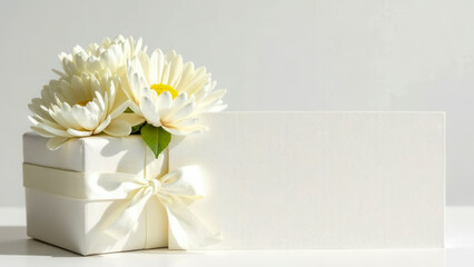 Business card mockup design with chrysanthemum flowers and gift box, side view. Greeting card template, invitation blank paper minimalist aesthetic composition. White background with sunlight shadow.