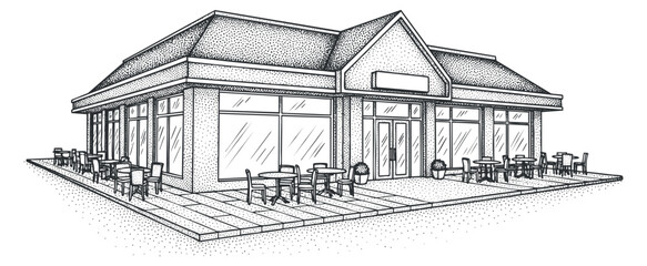 A detailed illustration of a modern restaurant building with outdoor seating in black and white vector style, suitable for architectural design projects