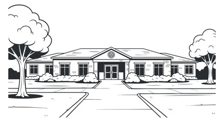 A detailed illustration of a residential building with trees and landscaping in black and white minimalist vector style, ideal for architectural presentations