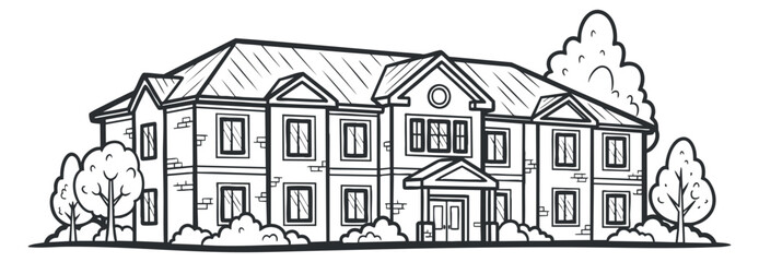 Naklejka premium A residential townhouse illustration with trees and landscaping in black and white outline vector style, ideal for architectural designs and real estate marketing