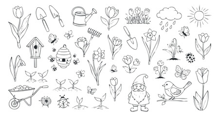 Fototapeta premium A collection of garden-themed elements including flowers, tools, birds, and insects in black and white outline vector style, perfect for gardening projects and illustrations