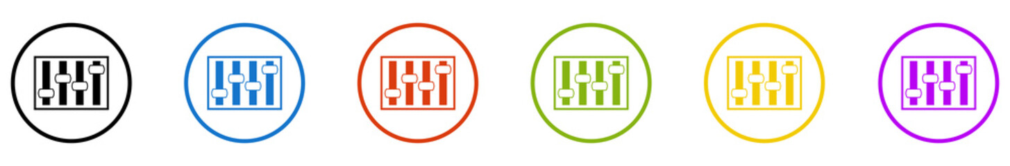 Banner mit 6 farbigen Icons im Kreis: Einstellen oder Regler