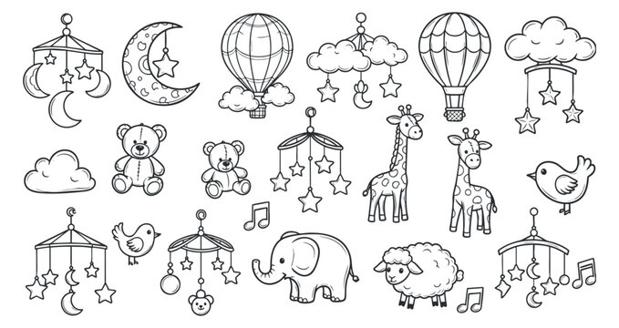 A collection of cute baby-themed illustrations including stars, clouds, animals, and hot air balloons in a playful outline vector style, perfect for nursery decor and children's products