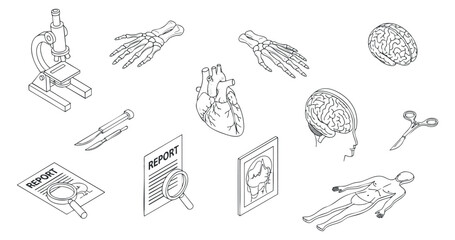 A collection of medical illustrations including a microscope, skeleton, heart, brain, and report in outline vector style, suitable for educational and health-related projects