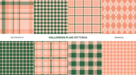 Seamless vector patterns featuring soft pastel Halloween plaid designs in orange green argyle tartan houndstooth check perfect for autumn crafts seasonal decor backgrounds cute spooky projects