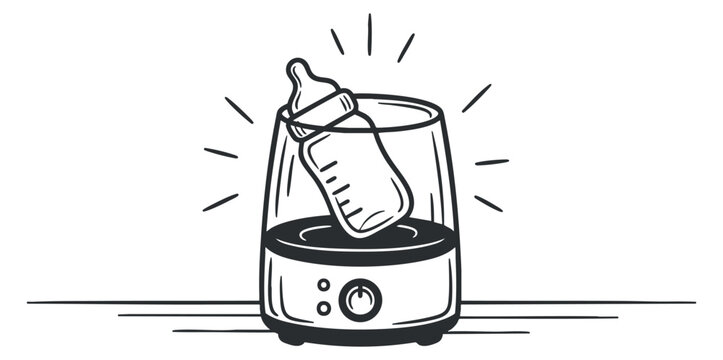 A baby bottle warmer with a milk bottle inside in black outline minimalist vector style, ideal for parenting and childcare designs