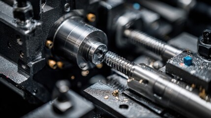 Fototapeta premium Medium shot of machinery threading nonferrous rods with detailed focus on the cutting process creating fine screw threads.