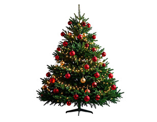 Minimal Christmas Tree with Red and Gold Decorations, Scandinavian Style, Isolated on Transparent Background