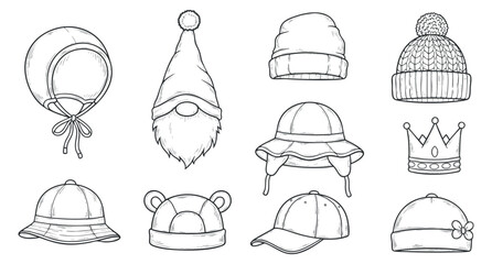 A collection of various hat designs including beanies, caps, and festive headwear in clean outline vector style, suitable for fashion and accessory branding
