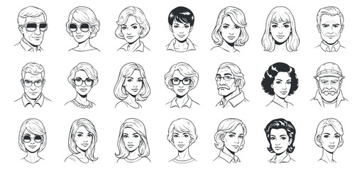 A collection of diverse character portraits featuring various hairstyles and accessories in minimalist line art vector style, suitable for creative projects and branding