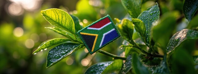 South Africa flag patch placed on green leaves in a natural setting during sunrise