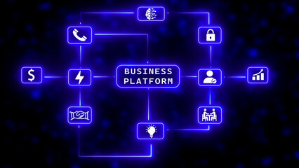 Business Platform Network Diagram with Icons and Glowing Blue Lines flowchart