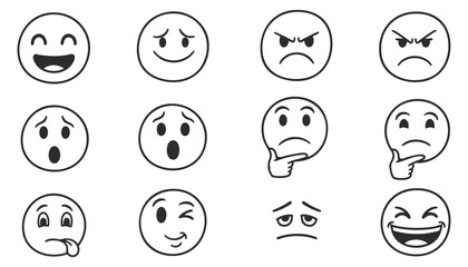 A collection of twelve facial expressions in black and white minimalist vector style, perfect for digital communication and design