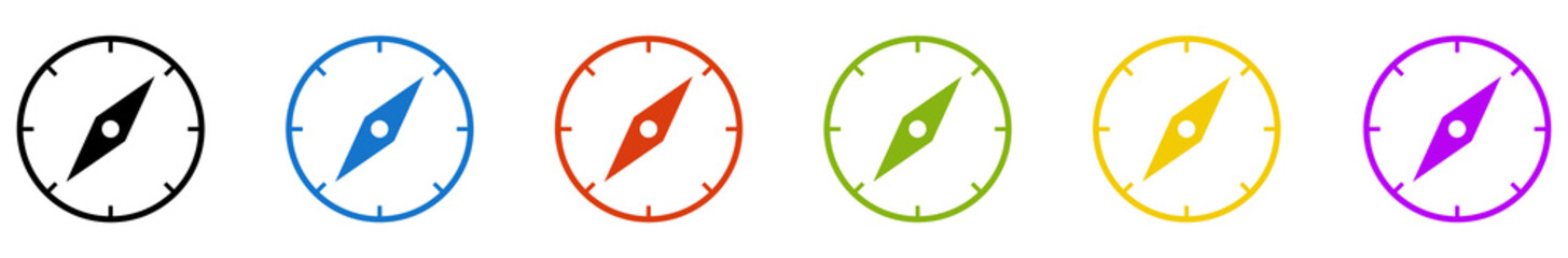 Banner mit 6 farbigen Icons im Kreis: Kompass oder Richtung