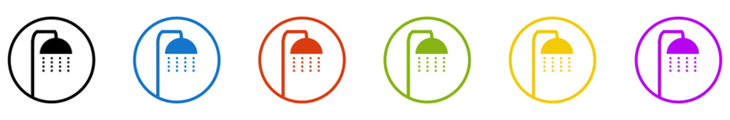 Banner mit 6 farbigen Icons im Kreis: Dusche oder Badezimmer