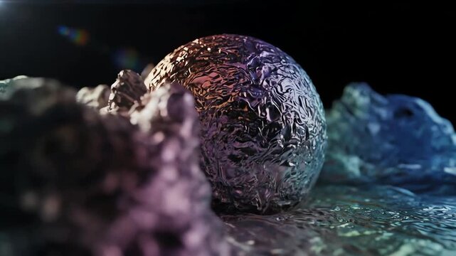 Abstract alien egg in otherworldly glowing liquid landscape with shimmering textures