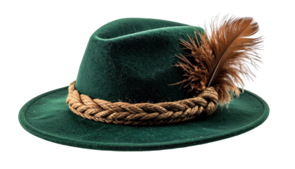 A green felt hat with a braided band and a large brown feather